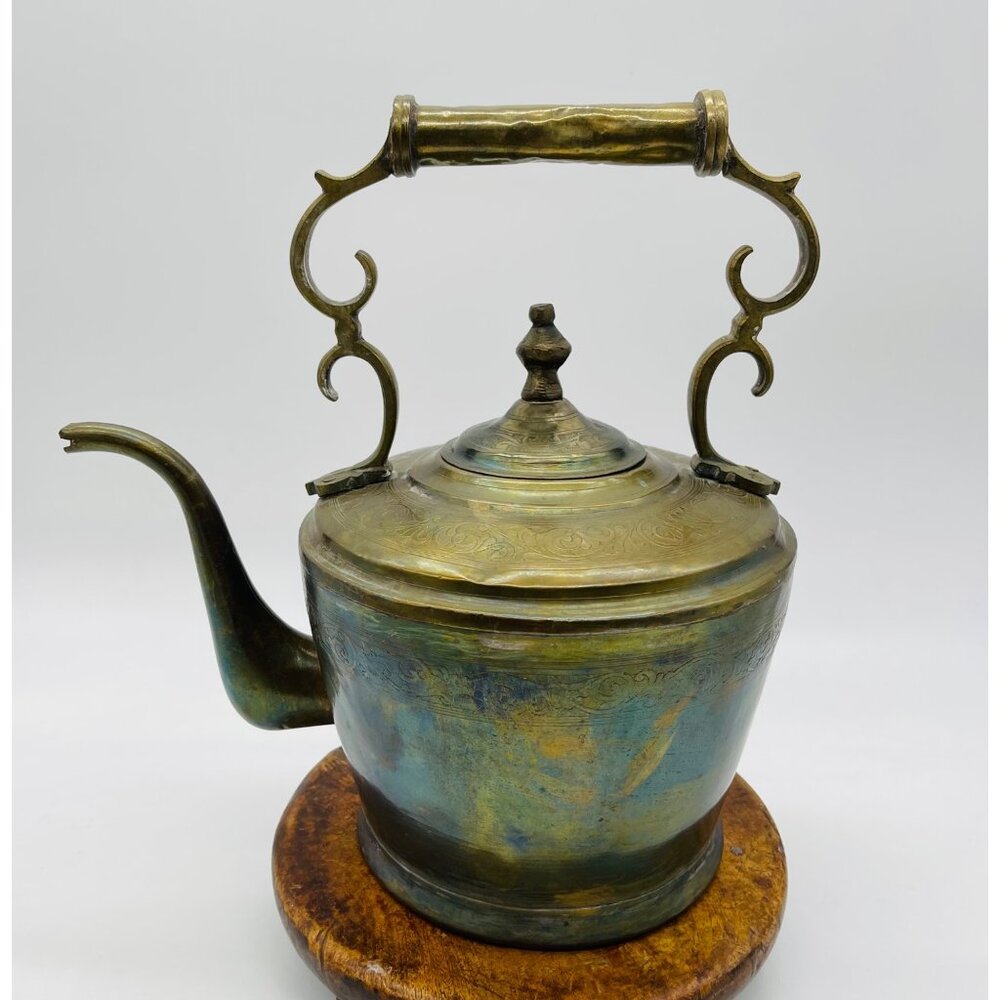 Antique Brass Teapot With Ornate Handle & Spout On Wooden Base Early 20th Centur